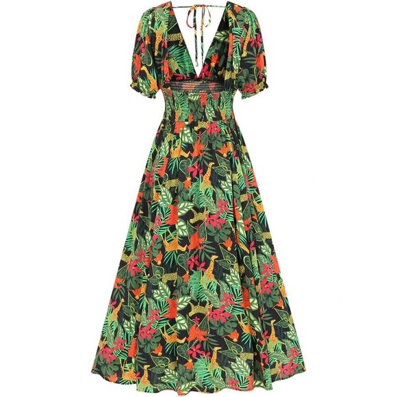 NWT Collectif Juliette Jungle Maxi in Black V-neck Smocked Dress UK 16 / US 12 - Picture 1 of 7